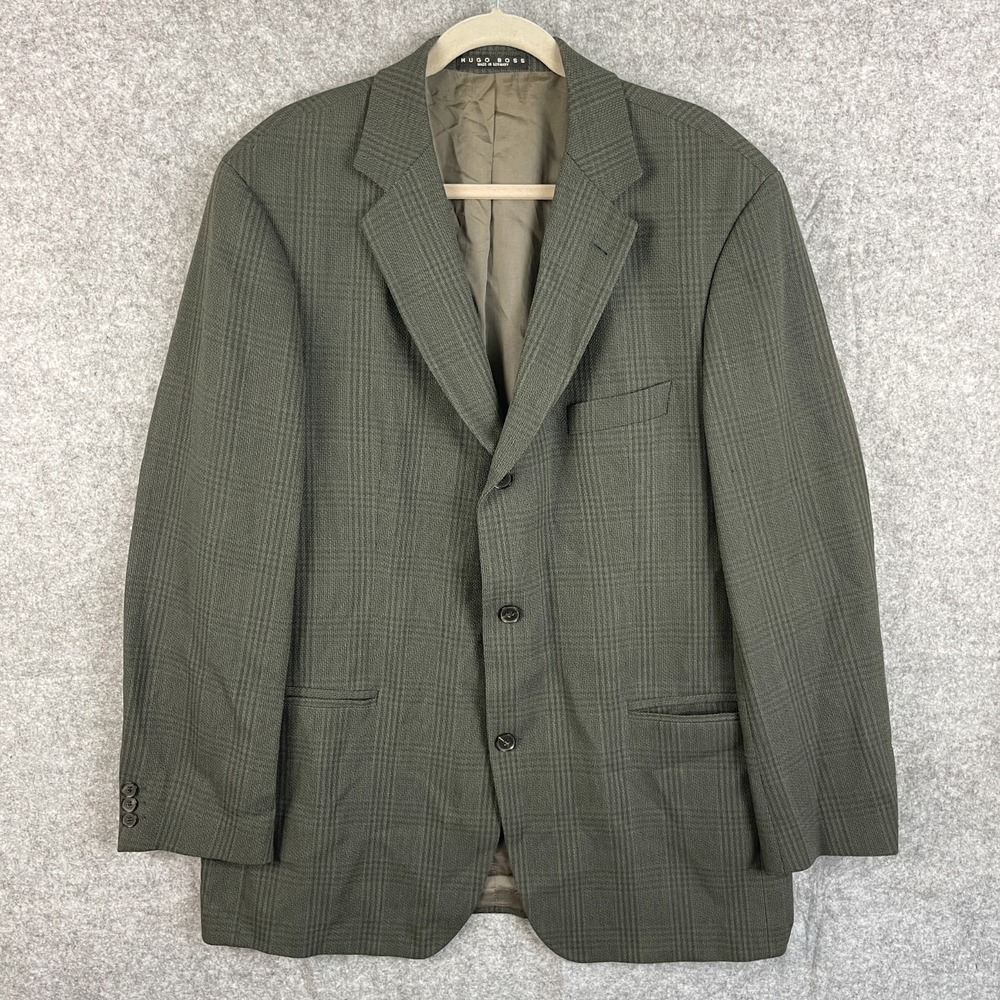 VTG Hugo Boss Blazer Sport Coat Mens 46R Gray Windowpane 3 Button Germany FLAWS